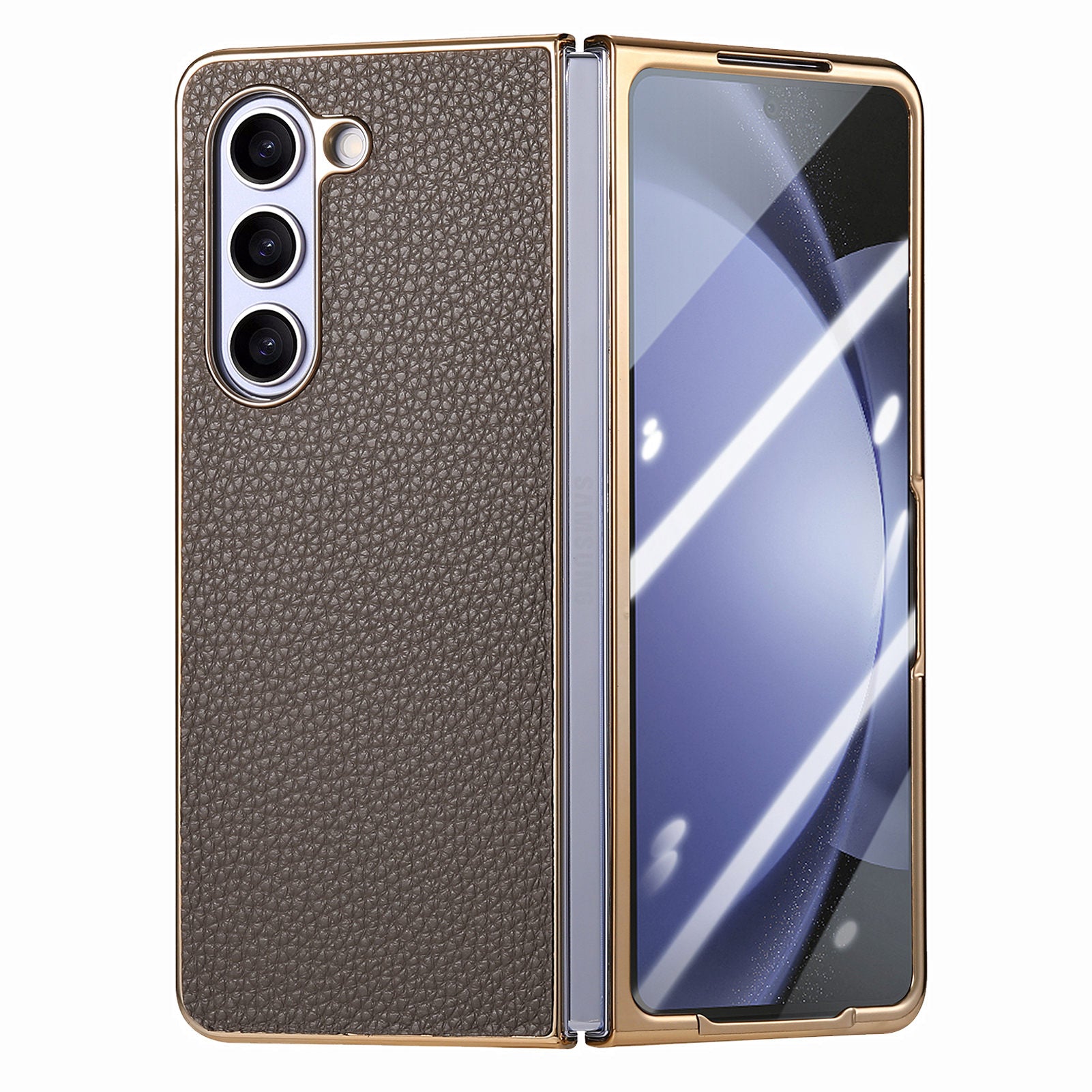 For Samsung Galaxy Z Fold5 5G Phone Case Litchi Texture PU Hard PC Phone Cover with Tempered Glass Film For Samsung Galaxy Z Fold5 5G Phone Case Litchi Texture PU Hard PC Phone Cover with Tempered Glass Film